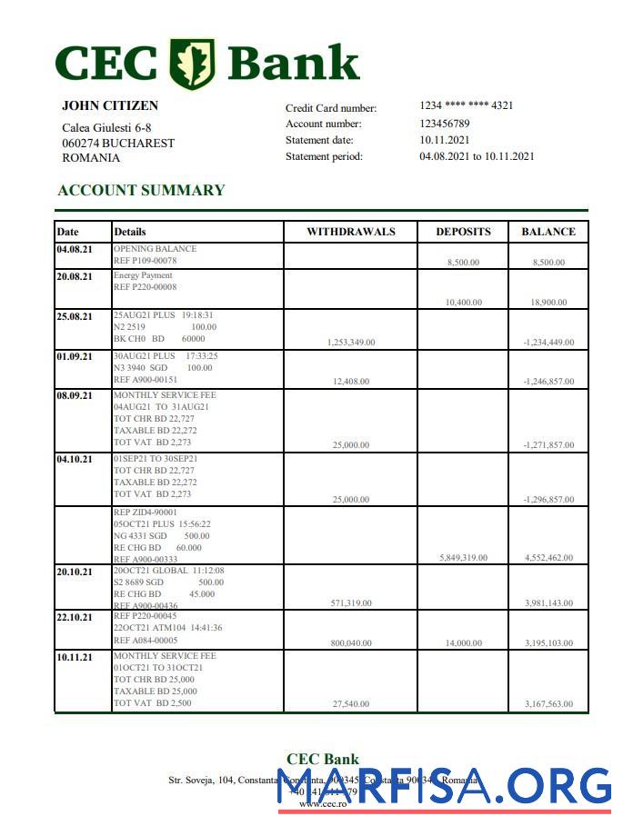 Blank Romania CEC bank statement excel sample